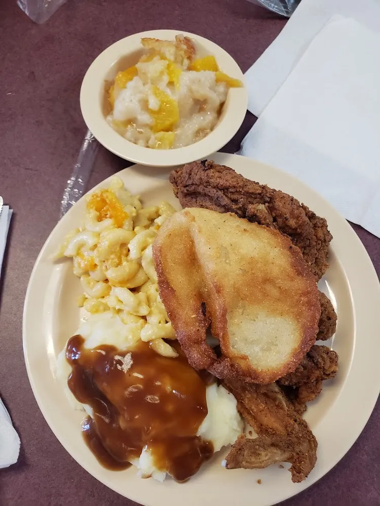 Fried Chicken Mashed Potatoes and Gravy Macaroni and Cheese Fried Cornbread